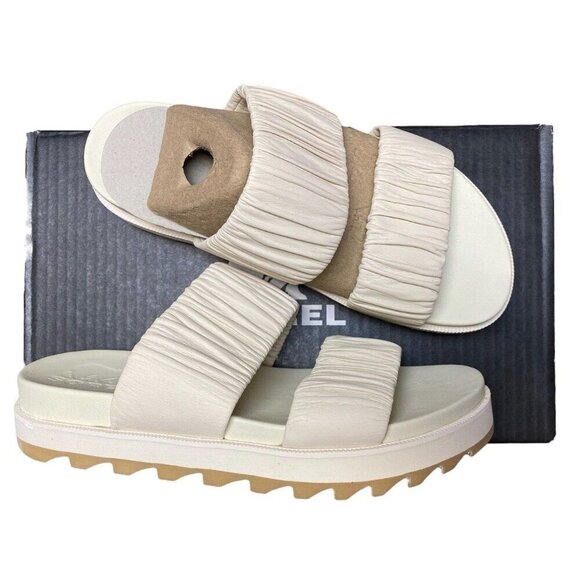 Sorel Sz 5.5 women Sandals Roaming Two Strap Slides Desert Chalk Ruched New - Picture 1 of 3